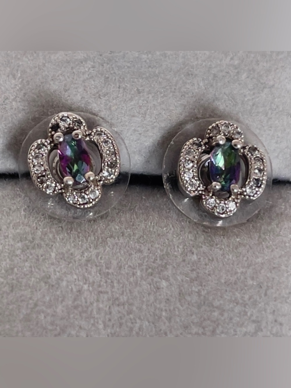Sterling Silver 925 Floral Stud Earrings with Rainbow Crystal Stone